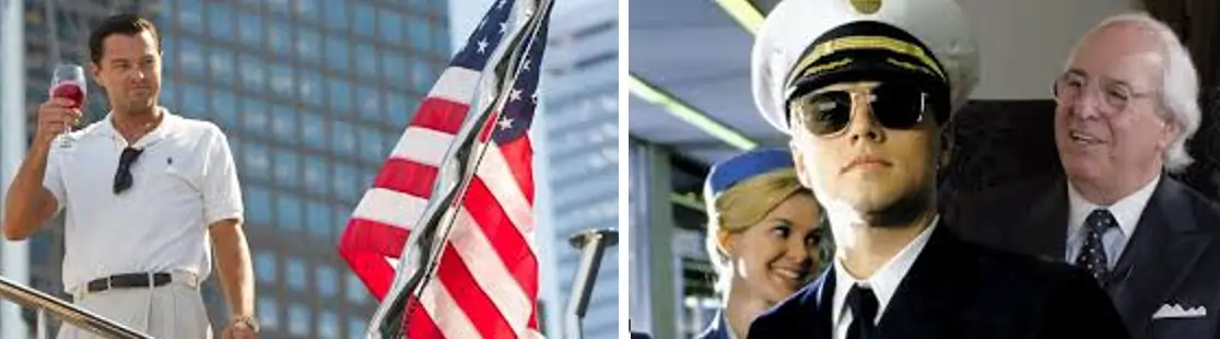 Collage showing The Wolf of Wall Street meets Catch Me If You Can movie comparison